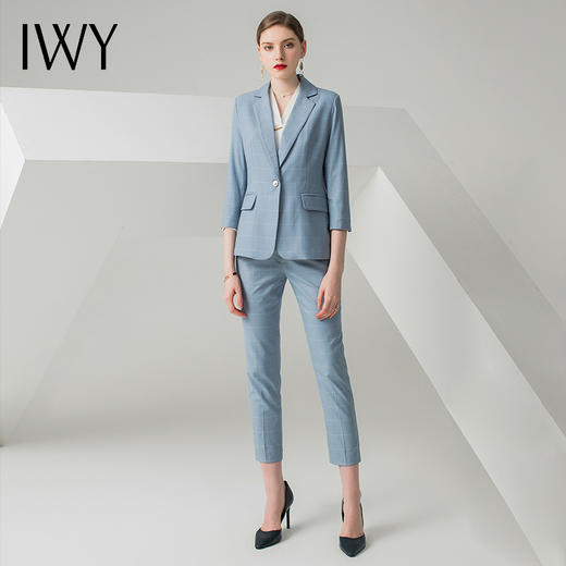IWY/蓝色格纹七分袖春季女士正装时尚气质商务显瘦职业西装套装CPS10340 商品图0