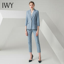 IWY/蓝色格纹七分袖春季女士正装时尚气质商务显瘦职业西装套装CPS10340