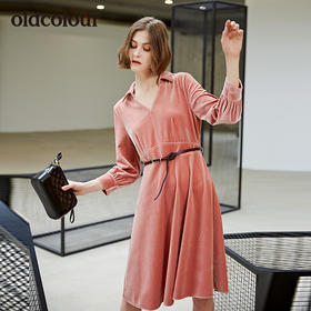 oldcolour欧珂秋装新品纯色V领长袖连衣裙