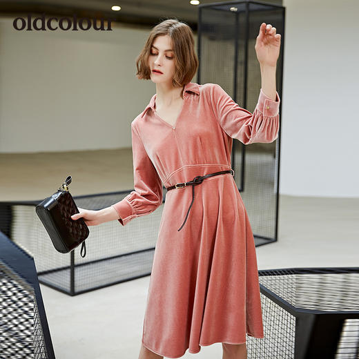 oldcolour欧珂秋装新品纯色V领长袖连衣裙 商品图0