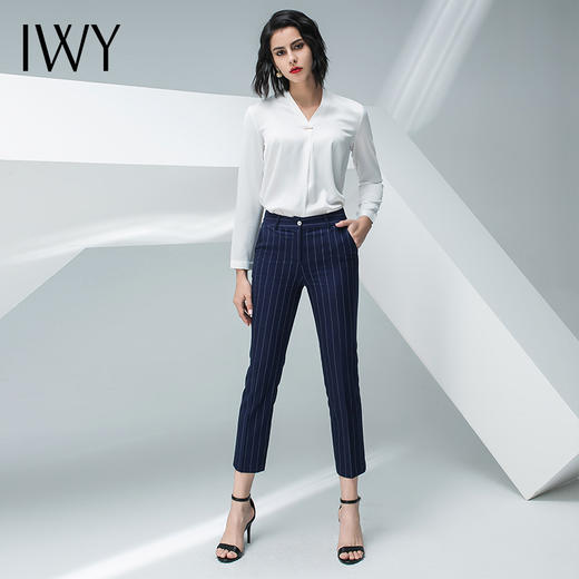 IWY/白色长袖衬衫蓝色条纹小脚裤套装BP871 商品图0