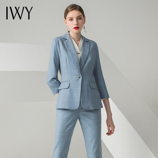IWY/蓝色格纹七分袖春季女士正装时尚气质商务显瘦职业西装套装CPS10340 商品图1