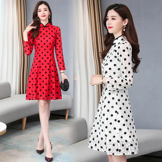 AHM-zm9179韩版少女蕾丝波点改良版旗袍甜美修身长袖连衣裙ZXH 商品图2