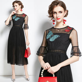 AHM-hjw9798新款气质网纱拼接高腰修身时尚蝴蝶绣花喇叭袖百褶裙ZXH