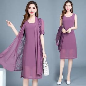 PDD-QM200805新款时尚优雅气质中长款雪纺连衣裙两件套