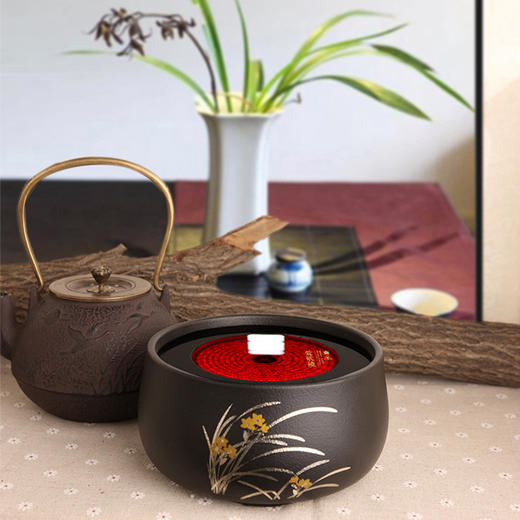 【样品清仓4折，仅1件，无货退款】莺歌烧黑底描金银兰花静音电陶炉家用红外小型迷你烧水煮茶器（无货退款） 商品图5