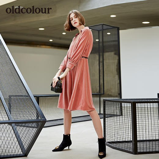 oldcolour欧珂秋装新品纯色V领长袖连衣裙 商品图1