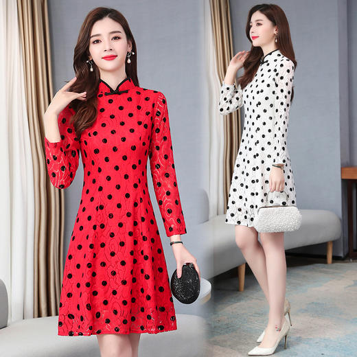 AHM-zm9179韩版少女蕾丝波点改良版旗袍甜美修身长袖连衣裙ZXH 商品图1