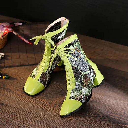 XYSM-3067-5新款时尚百搭真皮拼接蕾丝网纱方头低跟粗跟镂空鞋 商品图4