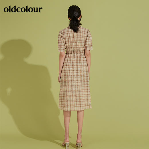 oldcolour秋季V领短袖显瘦格子中长款连衣裙全棉复古田园风裙子BM31101008 商品图1