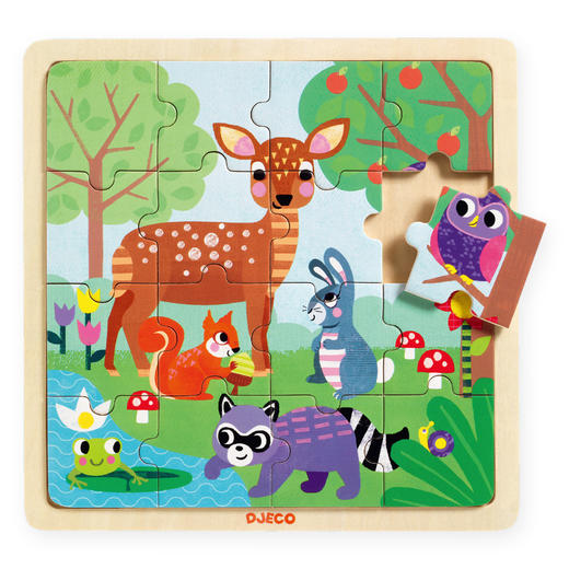djeco幼儿15片动物木质大块拼图嵌入式拼板儿童益智智力玩具2-3岁 商品图0
