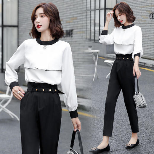 HRFS-WY89129新款时尚优雅气质圆领拼色上衣直筒裤两件套 商品图1