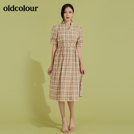 oldcolour秋季V领短袖显瘦格子中长款连衣裙全棉复古田园风裙子BM31101008 商品图4