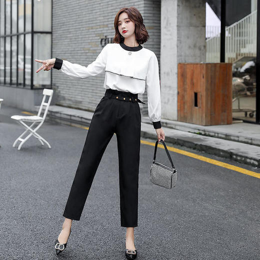 HRFS-WY89129新款时尚优雅气质圆领拼色上衣直筒裤两件套 商品图2