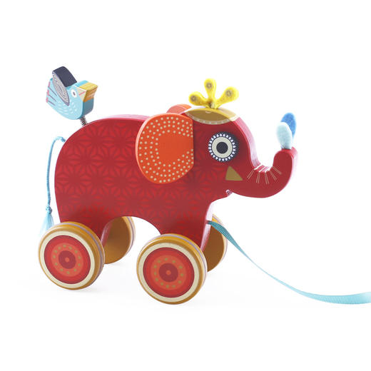 DJECO学步拖拉玩具木制拖拉小车拉拉小车英迪（背着小鸟出游的大象）） 商品图1