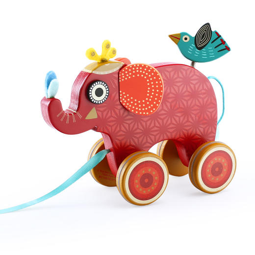 DJECO学步拖拉玩具木制拖拉小车拉拉小车英迪（背着小鸟出游的大象）） 商品图0