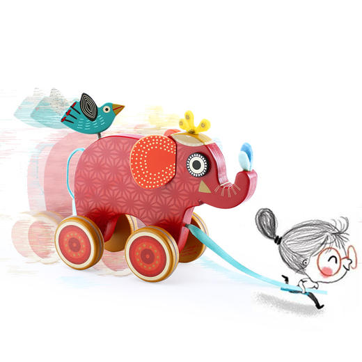 DJECO学步拖拉玩具木制拖拉小车拉拉小车英迪（背着小鸟出游的大象）） 商品图4