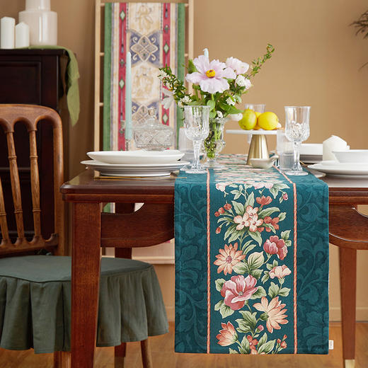 绿色桌旗茶几旗复古大花桌旗 商品图0