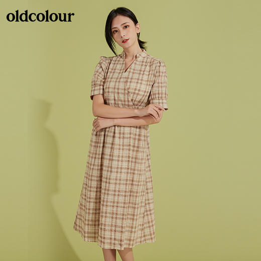 oldcolour秋季V领短袖显瘦格子中长款连衣裙全棉复古田园风裙子BM31101008 商品图3