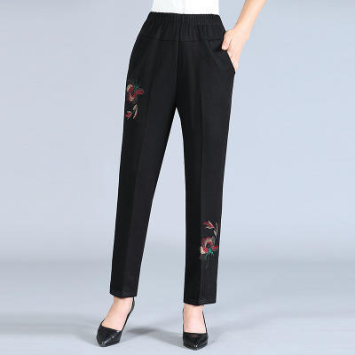 np休闲直筒裤大码妈妈装松紧腰绣花长裤老人裤子