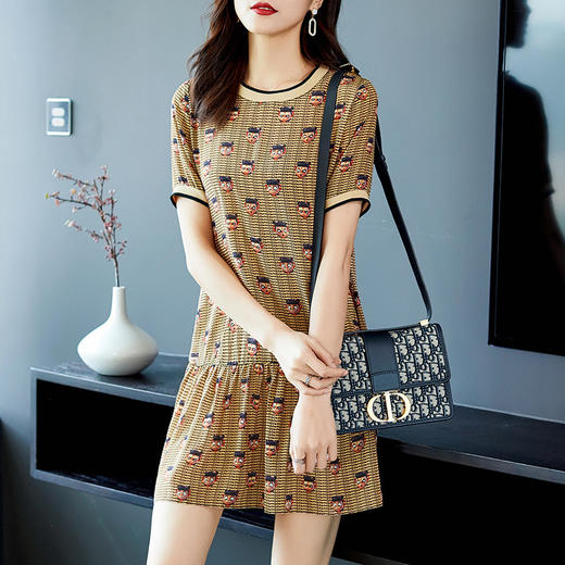 cs72756短袖桑蚕丝新品卡通印花真丝a字摆连衣裙