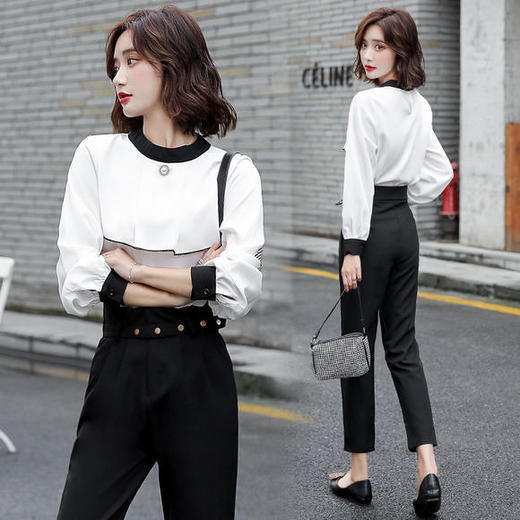 HRFS-WY89129新款时尚优雅气质圆领拼色上衣直筒裤两件套 商品图3