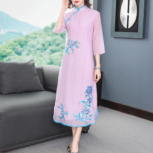 复古中国风，七分袖刺绣中式改良版连衣裙YFN-2055 商品图0