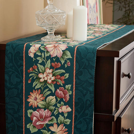 绿色桌旗茶几旗复古大花桌旗 商品图1