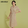 oldcolour秋季V领短袖显瘦格子中长款连衣裙全棉复古田园风裙子BM31101008 商品缩略图0