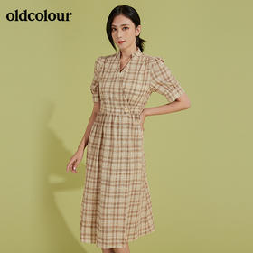 oldcolour秋季V领短袖显瘦格子中长款连衣裙全棉复古田园风裙子BM31101008