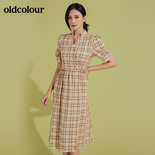 oldcolour秋季V领短袖显瘦格子中长款连衣裙全棉复古田园风裙子BM31101008 商品图0