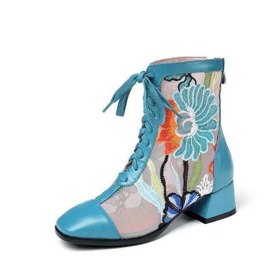 XYSM-3067-5新款时尚百搭真皮拼接蕾丝网纱方头低跟粗跟镂空鞋 商品图6