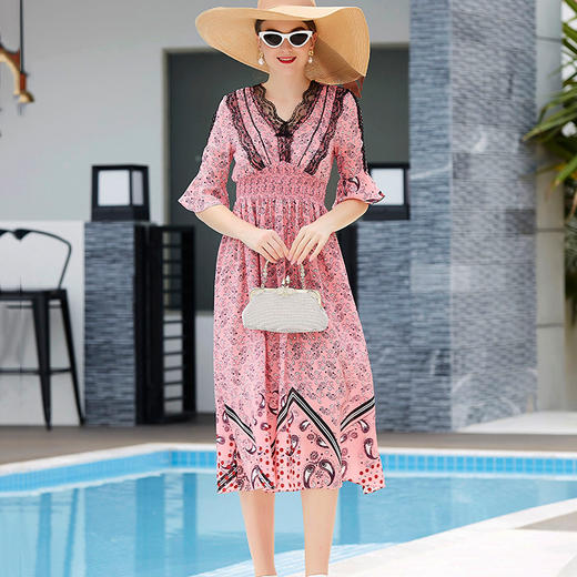 WY-FH0525夏新款优雅气质V领松紧腰飘逸柔滑真丝连衣裙 商品图0