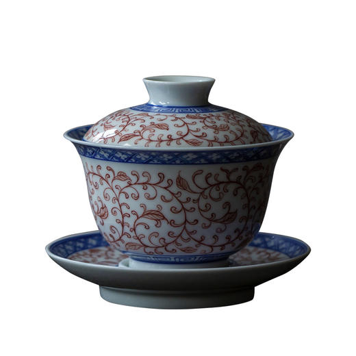 茶香记 青花红料 缠枝莲盖碗、品杯 骆云龙 束莲纹 鲜丽淡雅 商品图4