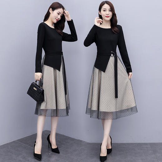 WZNH-YUSHIYA20316新款时尚气质网纱拼接圆点针织连衣裙 商品图4