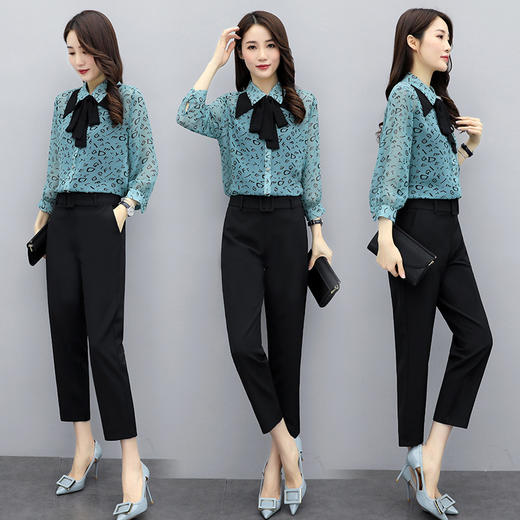 WZNH-SLYY9A19配腰带 配领带  2020新款女气质通勤优雅印花翻领直筒裤套装 商品图2