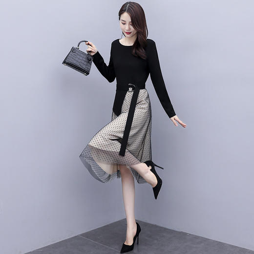 WZNH-YUSHIYA20316新款时尚气质网纱拼接圆点针织连衣裙 商品图2