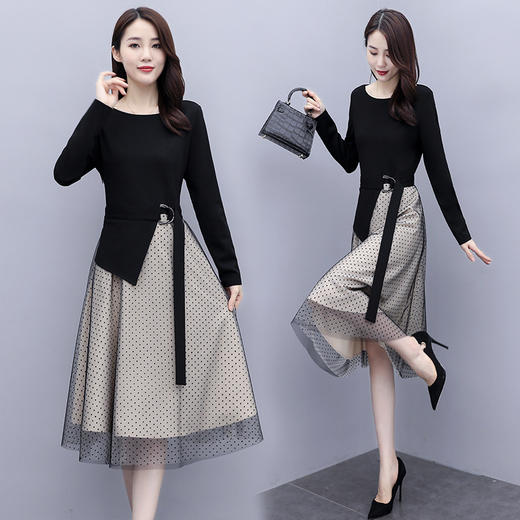 WZNH-YUSHIYA20316新款时尚气质网纱拼接圆点针织连衣裙 商品图0