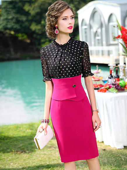 FMY-31098新款时尚优雅气质修身拼接印花假两件连衣裙 商品图1