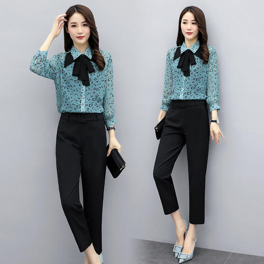 WZNH-SLYY9A19配腰带 配领带  2020新款女气质通勤优雅印花翻领直筒裤套装 商品图0