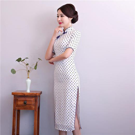 AQX-T836003气质改良立领短袖开叉中长款双层旗袍 商品图1