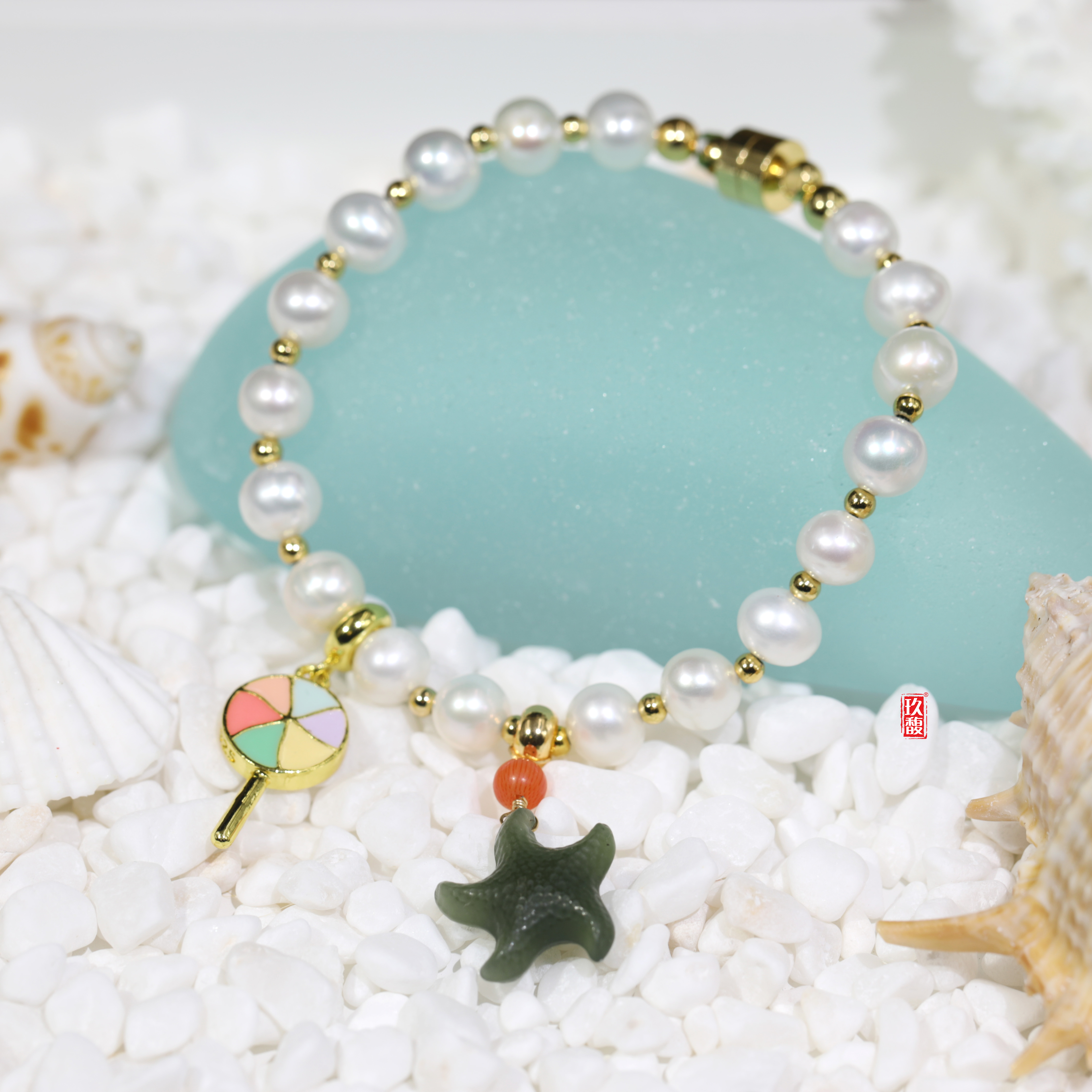 和田玉（青玉）珍珠手链 -- 海星宝宝（改长短请联系一下客服）