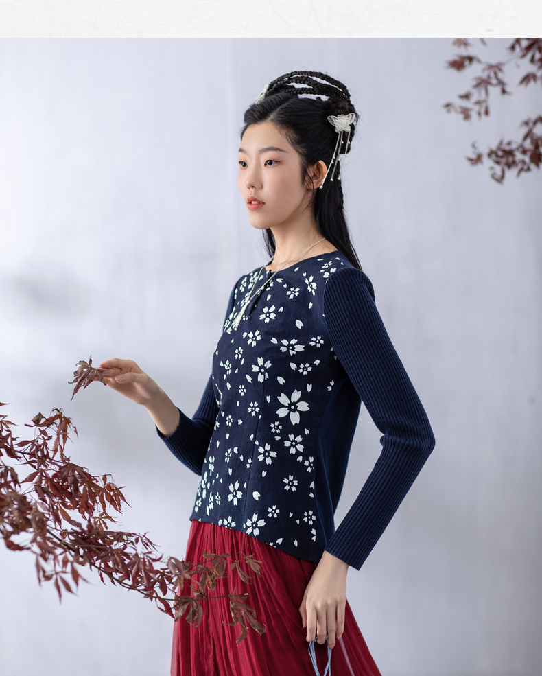 林栖设计小店蓝印花布系列秋季新品拼接复古长袖短款女士毛衣百搭