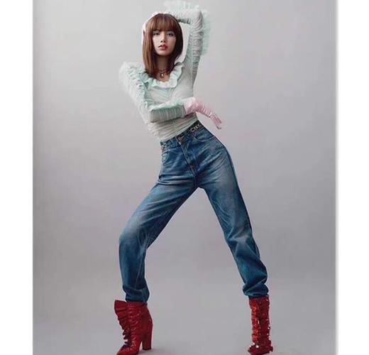 赛琳lisa同款凯旋门金属链条中高腰阔腿牛仔裤