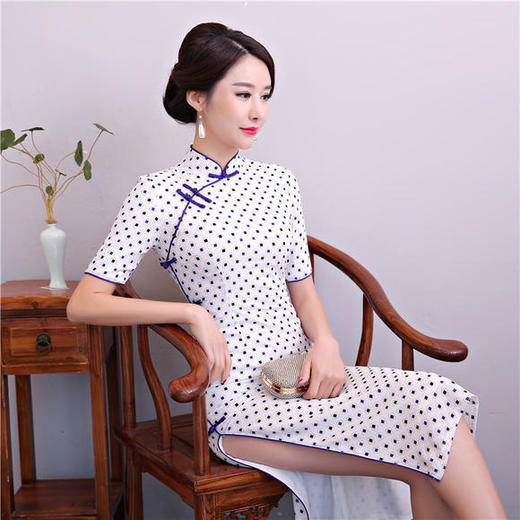 AQX-T836003气质改良立领短袖开叉中长款双层旗袍 商品图2