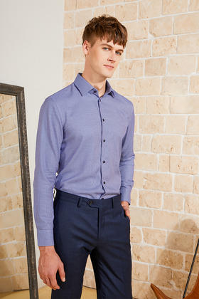 callisto蓝色缎感长绒棉法式领衬衫  FPSTL298C