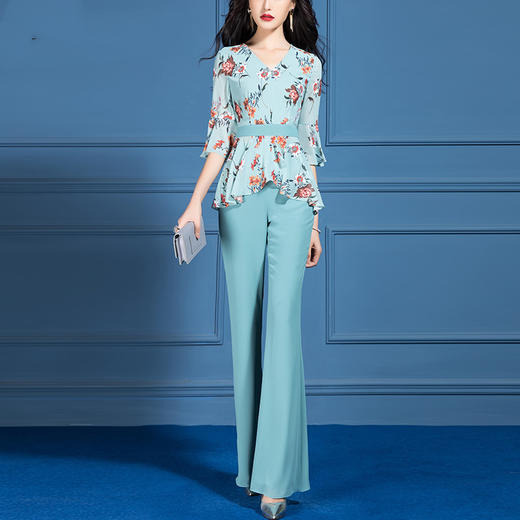 SSGS-L455时尚气质女神范印花雪纺衫喇叭裤两件套 商品图0