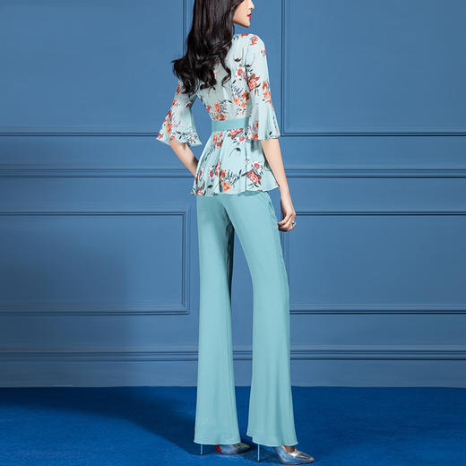 SSGS-L455时尚气质女神范印花雪纺衫喇叭裤两件套 商品图1
