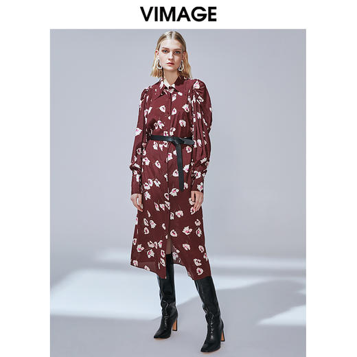 VIMAGE纬漫纪秋款个性百褶灯笼袖收腰显瘦复古印花连衣裙V1407010 商品图1