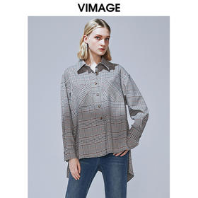 VIMAGE纬漫纪女装秋款宽松个性中性男友风格纹衬衫女V1409009